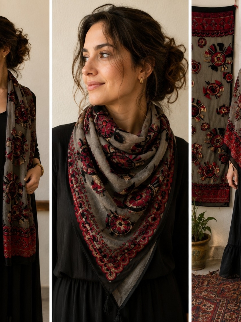 Embroidered Floral Wrap Scarf - Gray & Red